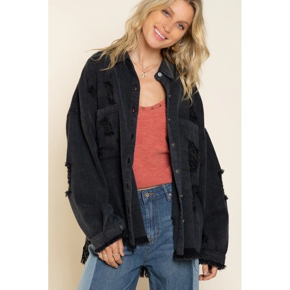 POL Washed Black Distressed Denim Shacket Star Patch Frayed Hem SMT1165D Size M